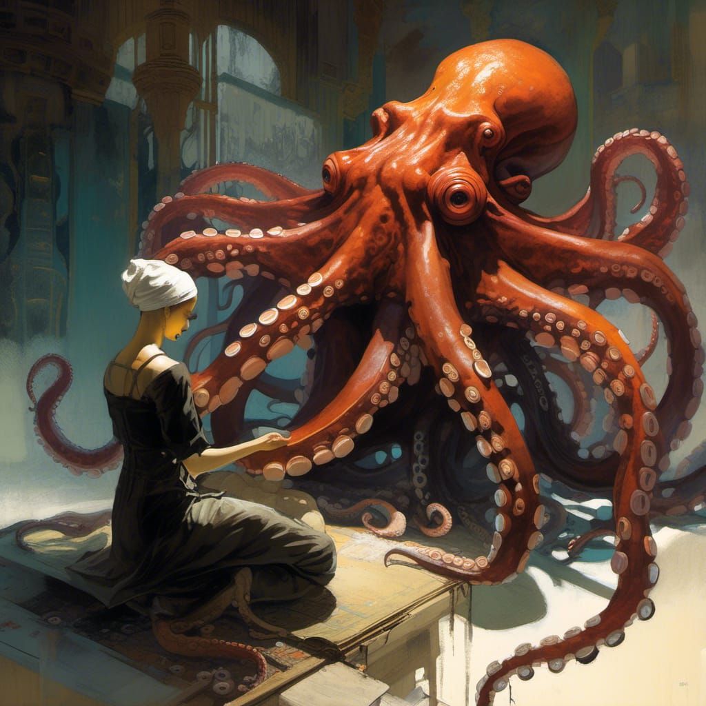 Octopus Masseuse for Beautiful Witch, Detailed Ethereal Art