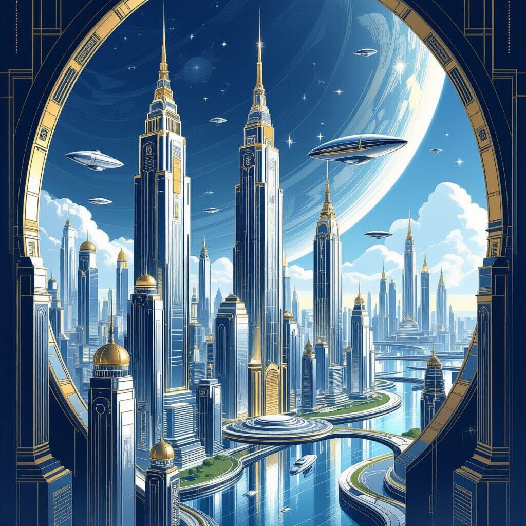 Art Deco Utopian Metropolis Ringworld Illustration