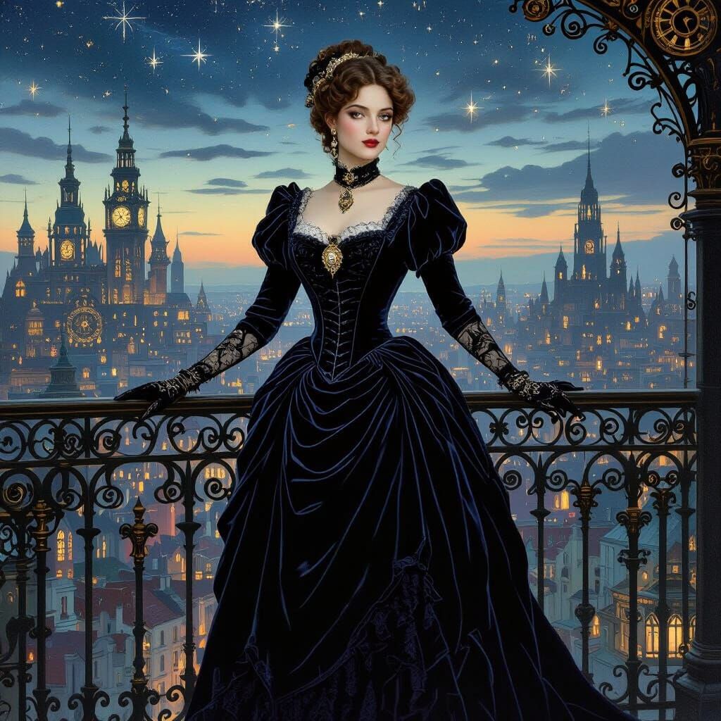 Steampunk Noblewoman on Balcony at Dusk
