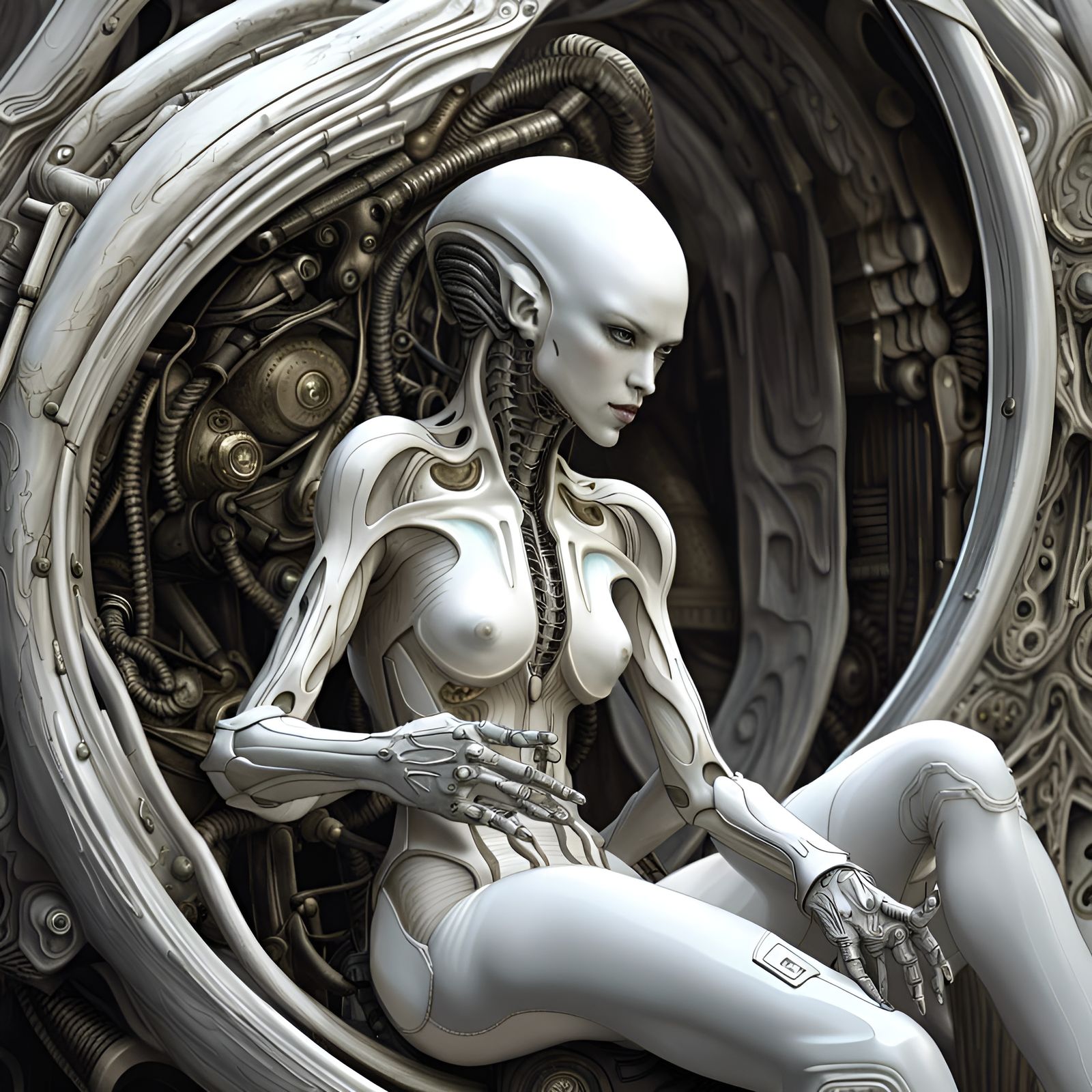 Biomechanical Woman on Motorcycle in Hyperreal Style