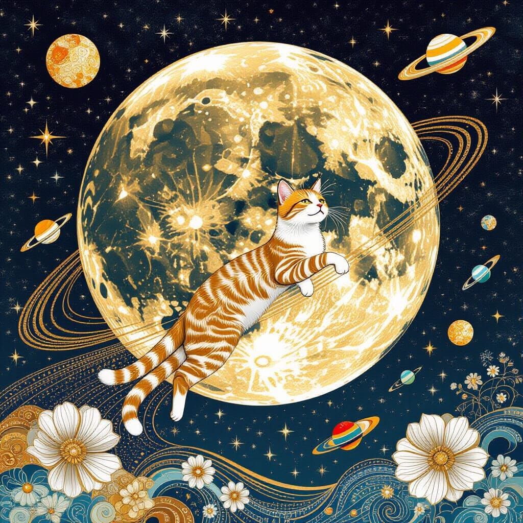 Klimt Style Cats Flying Spaceships Amidst Cosmic Gold and Si...