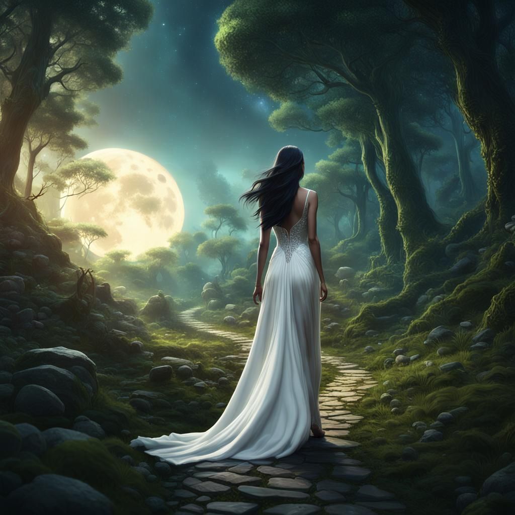 Woman in White Gown Walking to Moon