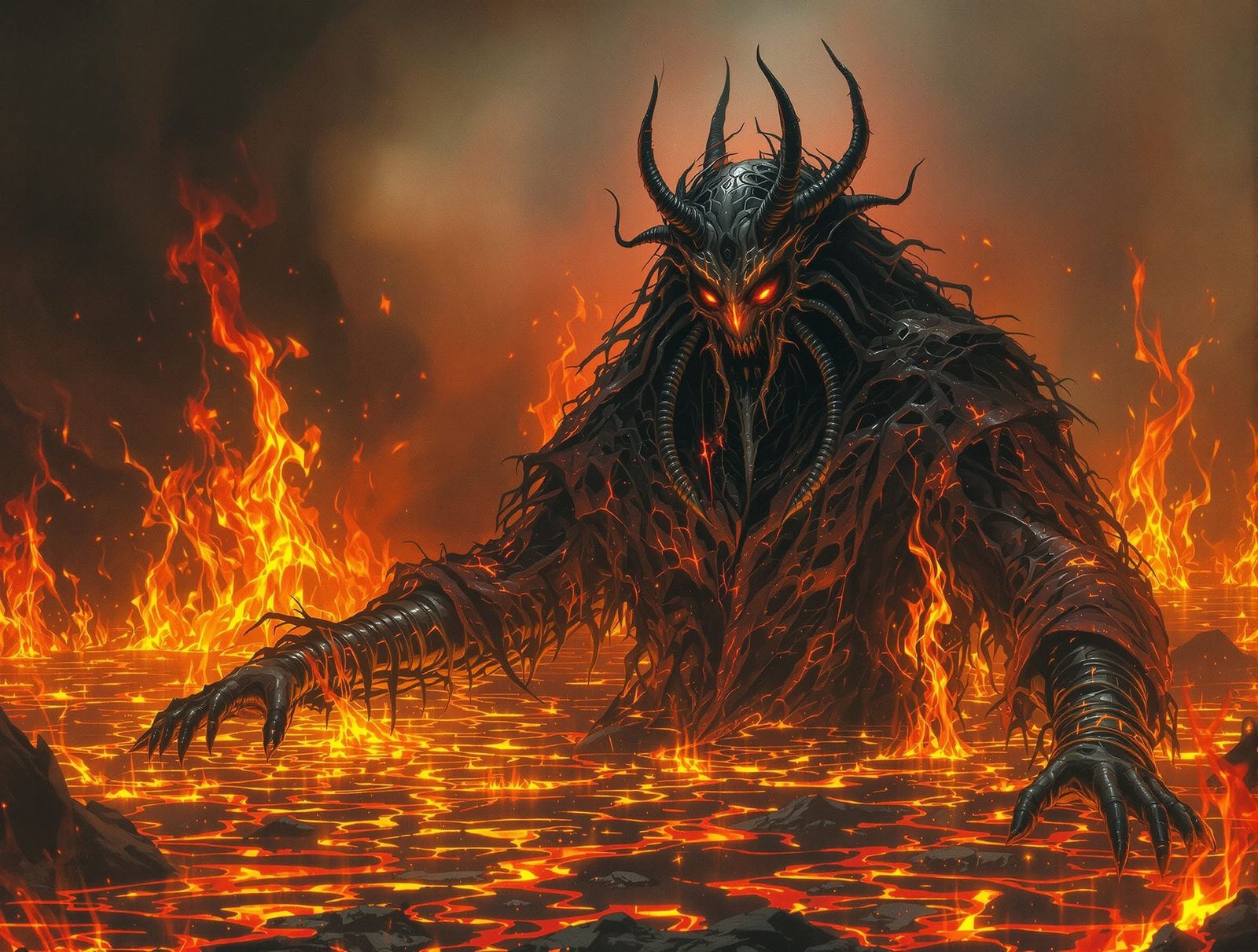 Jinn King Submerged in Fire Lake, Giger & Beksiński Style