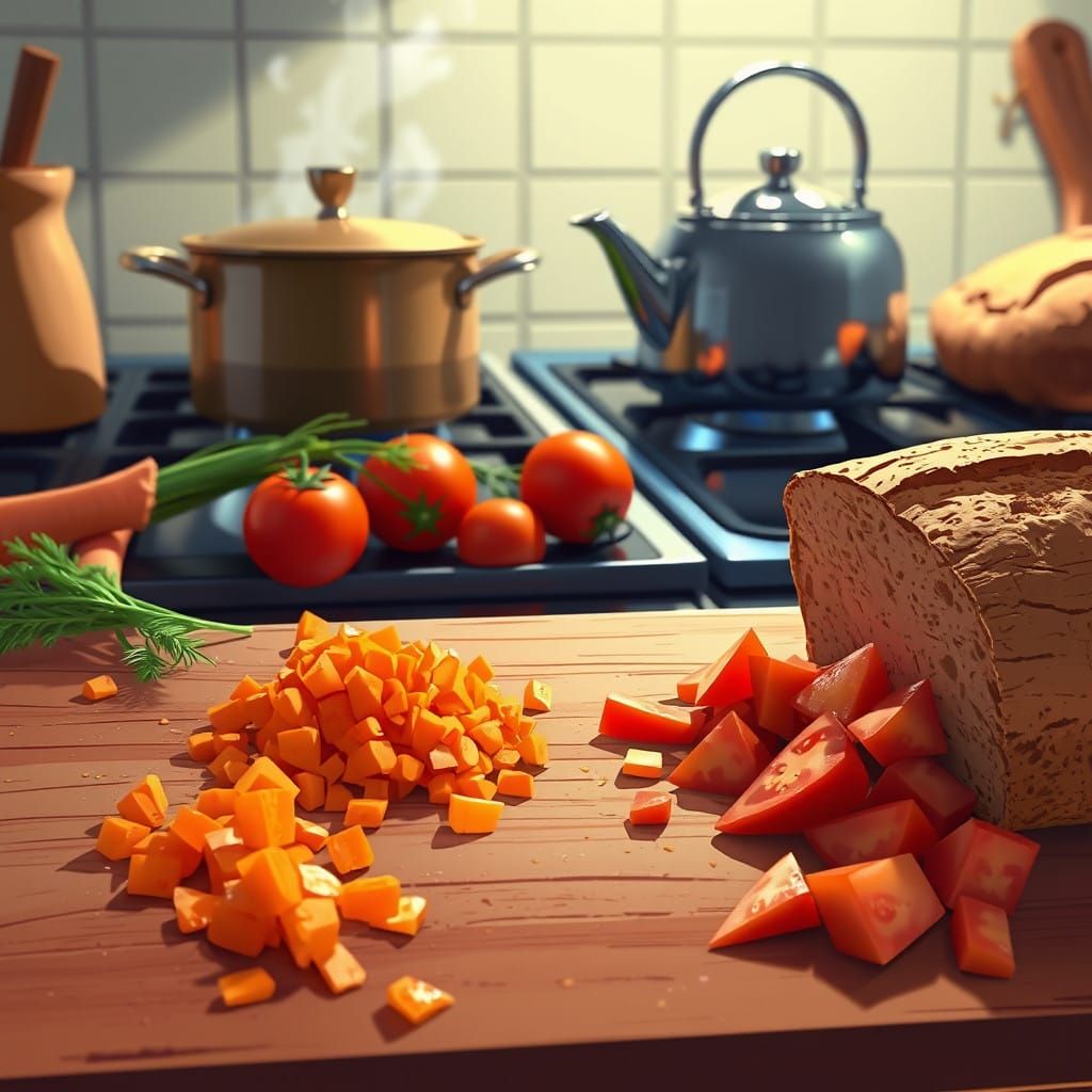 Wholesome Kitchen Scene in Anime Style