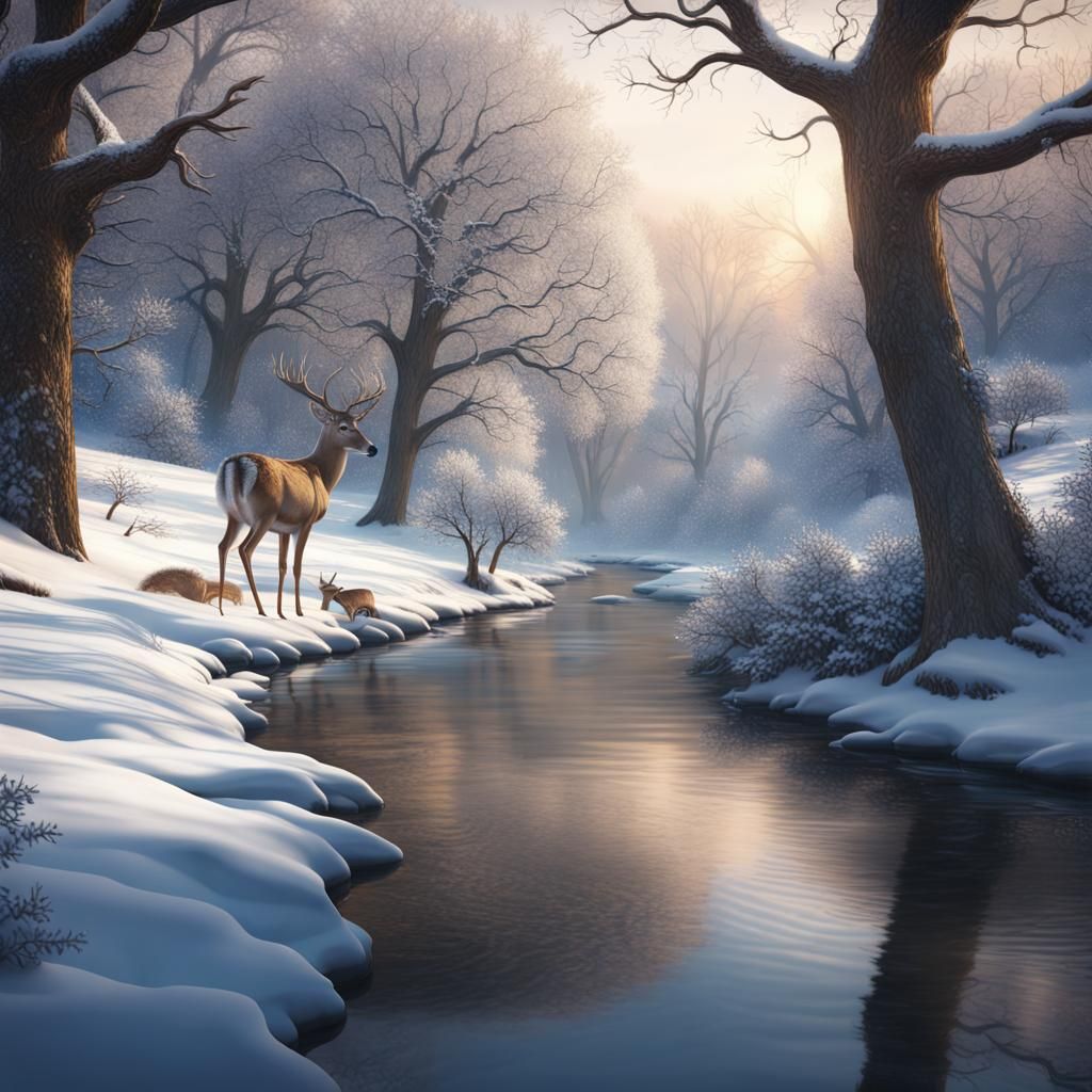 Winter River Scene with Deer: Detailed Matte Painting