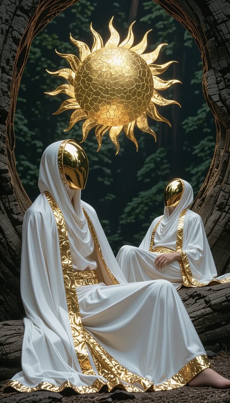Mirrored Figures in Dreamlike Golden Landscape