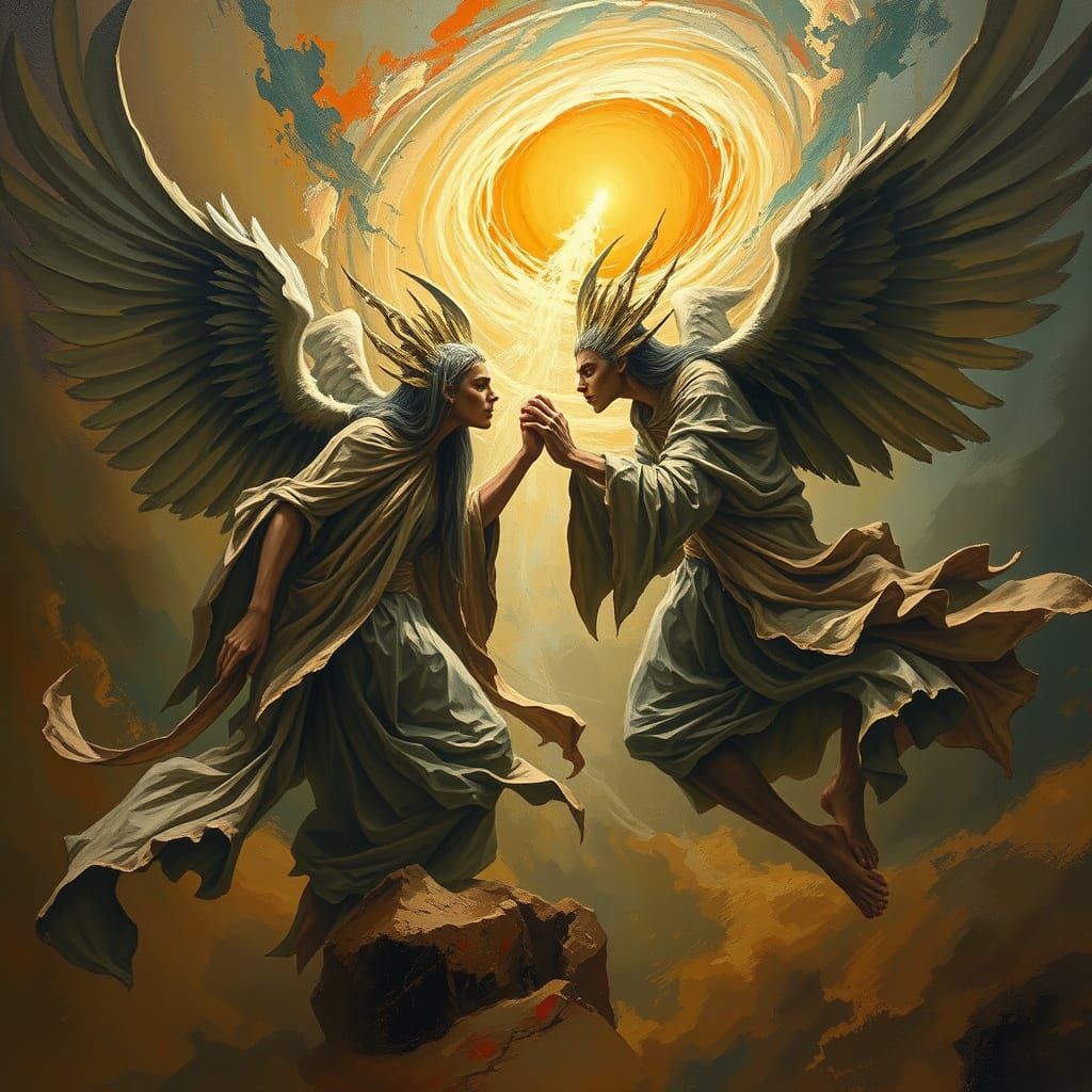 Gnostic Angels Battle in Giacometti-Inspired Style