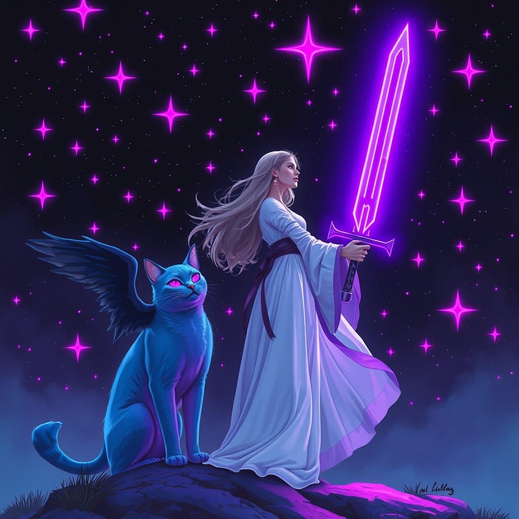 Woman, Cat, and Sword in a Mystical Landscape