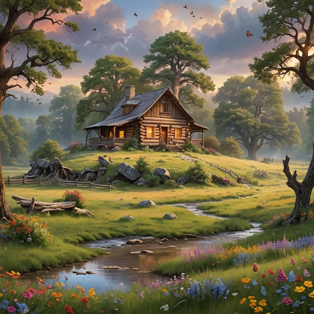 Log Cabin Meadow: Sunset Fantasy Concept Art