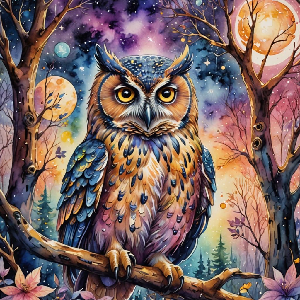 Watercolor Owl Reflecting Space in Forest Scene