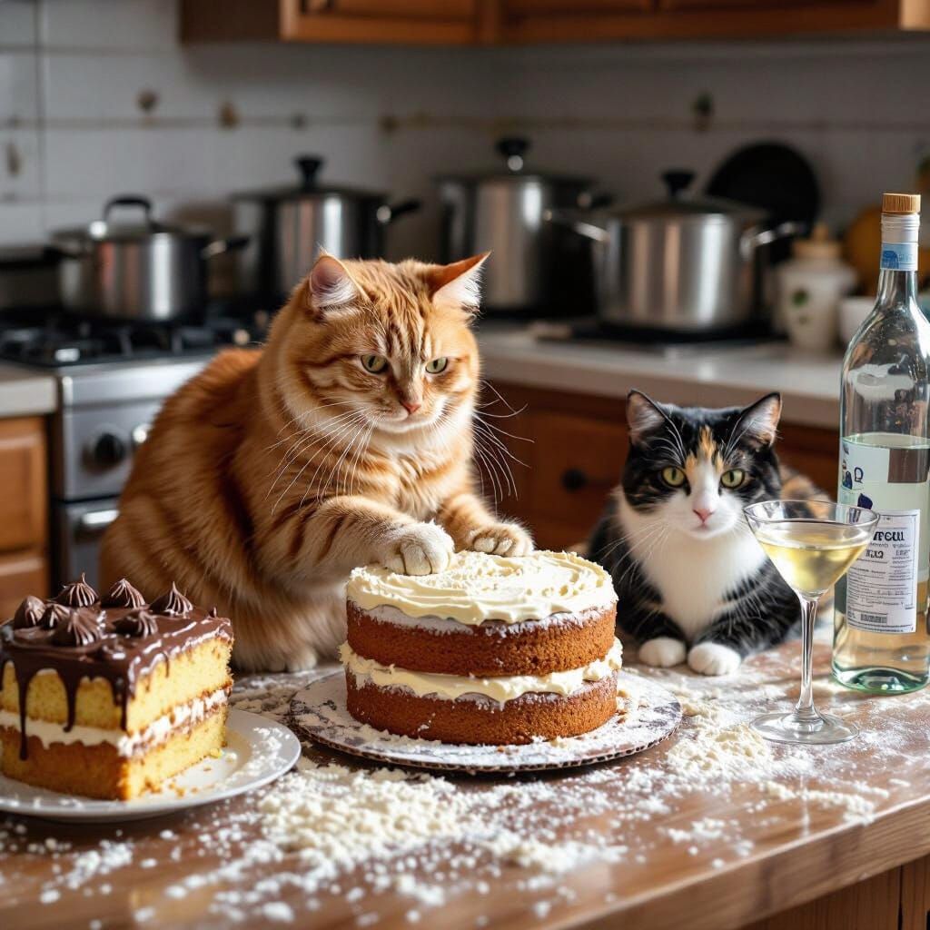 Ginger Cat Bakes a Cake in a Messy Kitchen