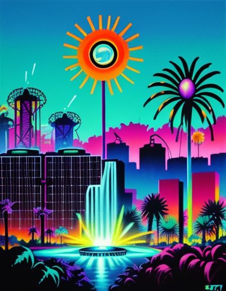 Surreal Satellite Cityscape in Vibrant Synthwave Style