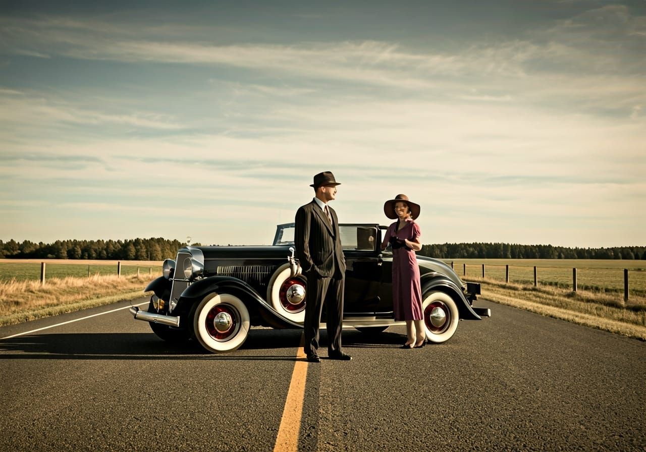 Vintage Noir: Man and Woman on Deserted Road
