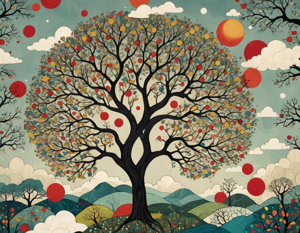 Old Tree Illustration in Ink Painting Style