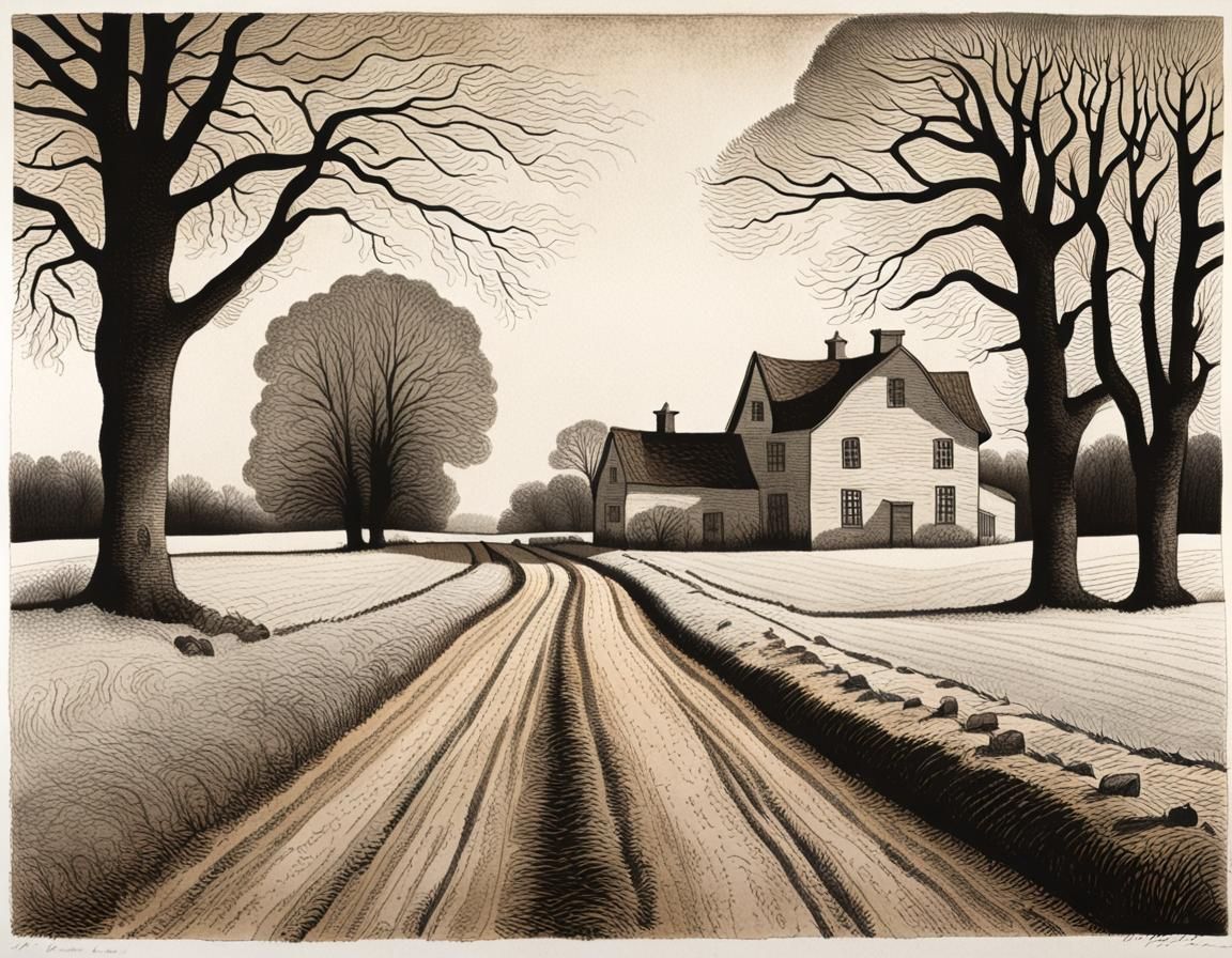 Rustic Farmhouse Landscape in Etching and Aquatint