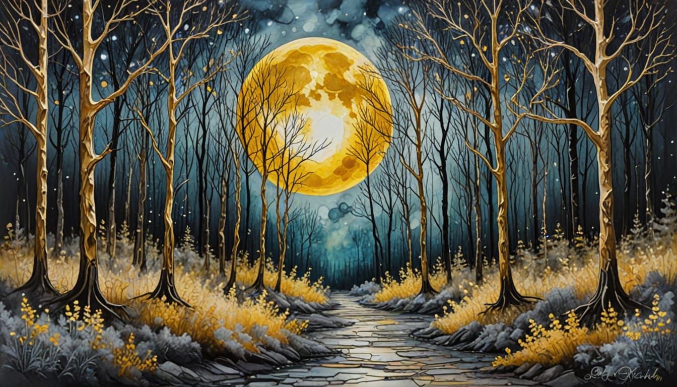 Mystical Forest Under Full Moonlit Sky in Expressive Art Sty...