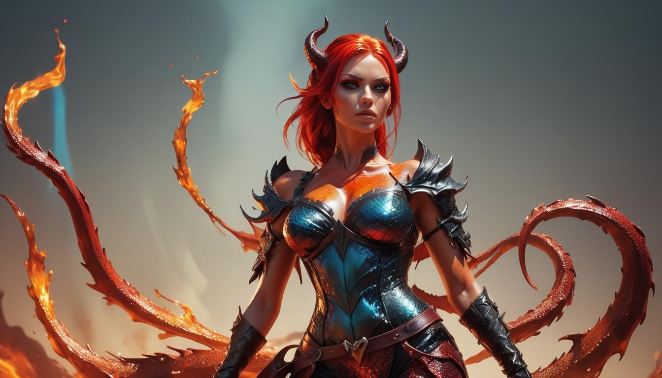 Fiery Devil Woman with Long Tail in Digital Art