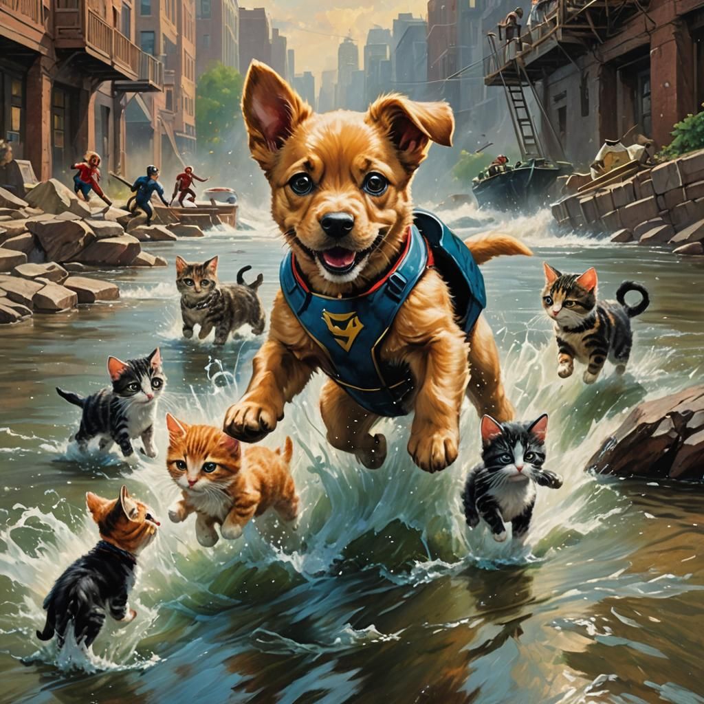 Superhero Puppy Rescues Kittens: Oil Painting
