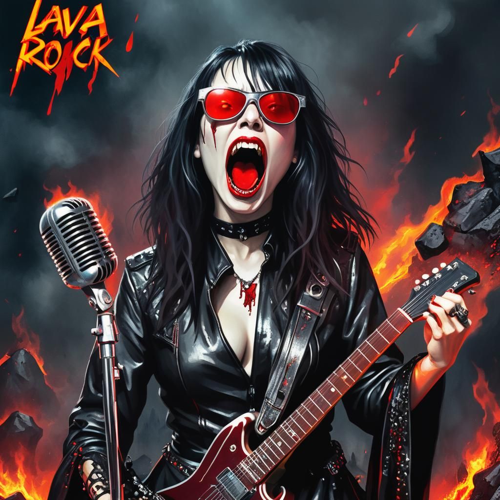 Fierce Goth Guitarist in Lava Rock Concert