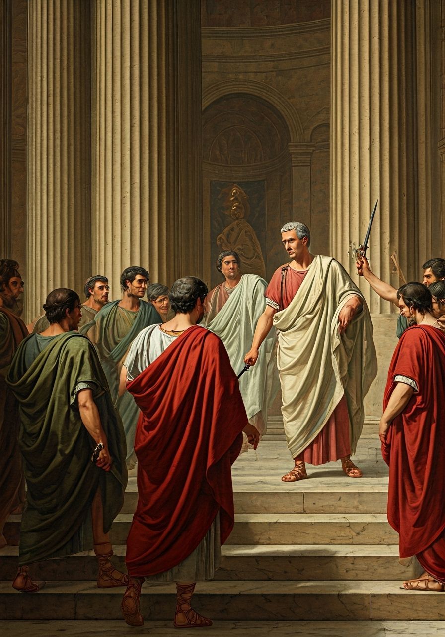 The conspirators approaching Julius Caesar on the steps of t...