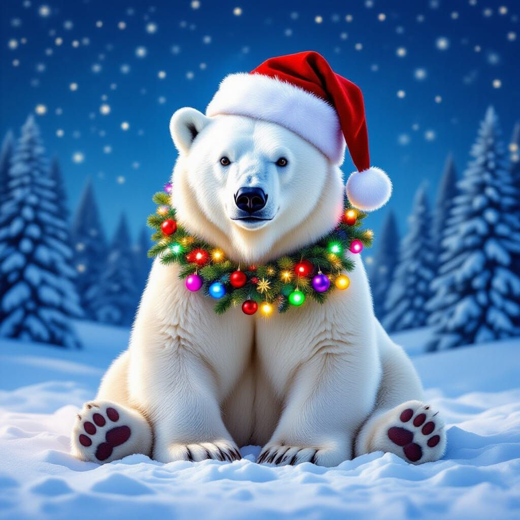 Polar Bear Garcia Dressed for Christmas in Snowy Scene