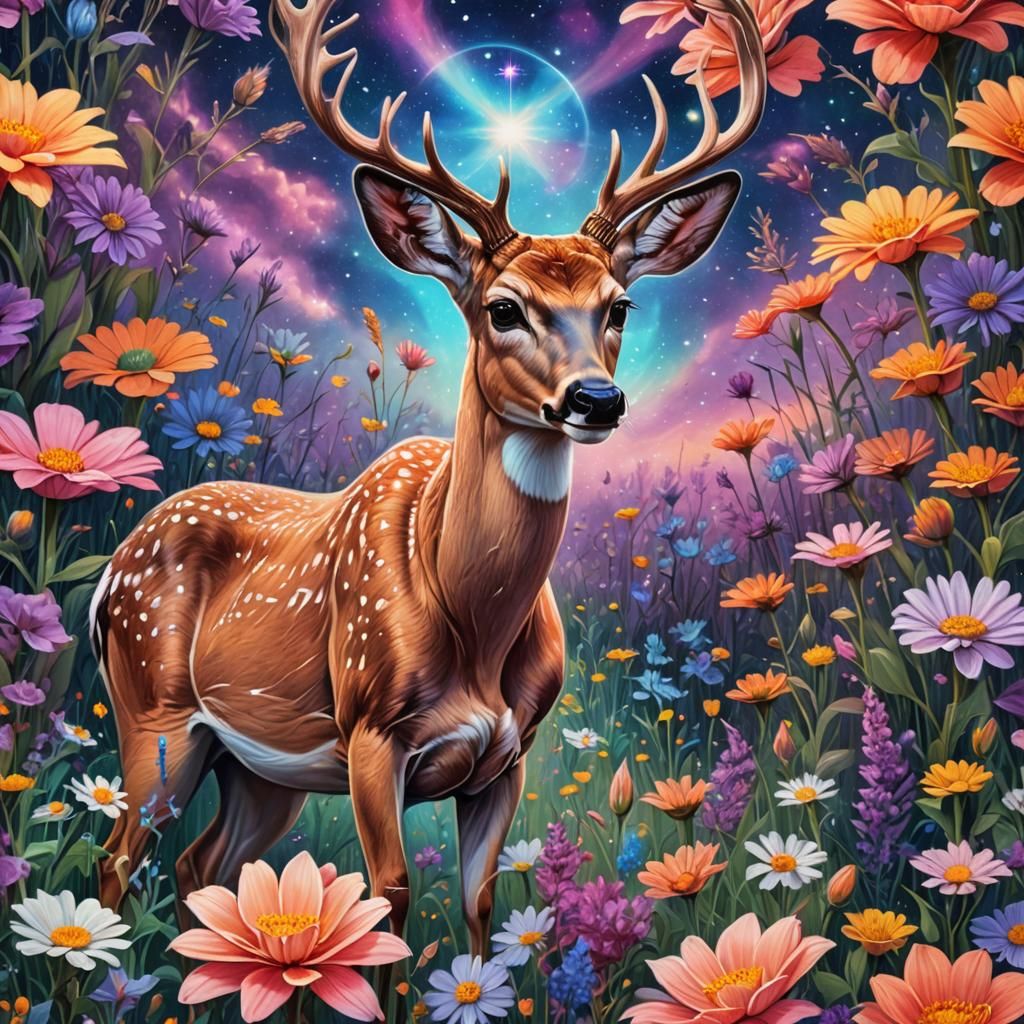 Doe in Cosmic Flower Field Illustration