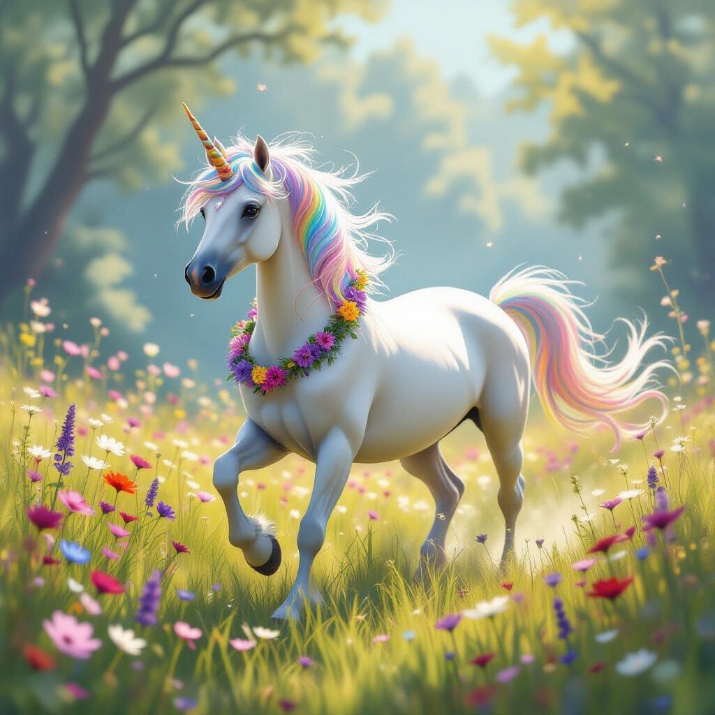 Rainbow Unicorn in Lush Meadow, Ethereal Art