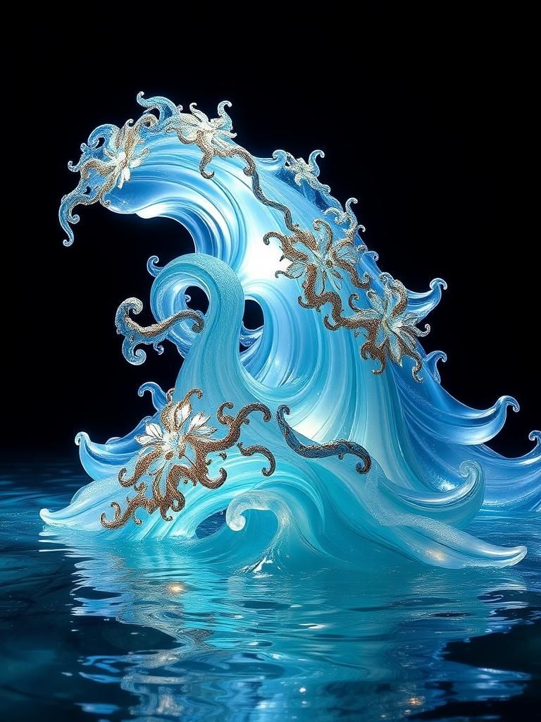 Ethereal Glass Wave Sculpture with Enamel Details