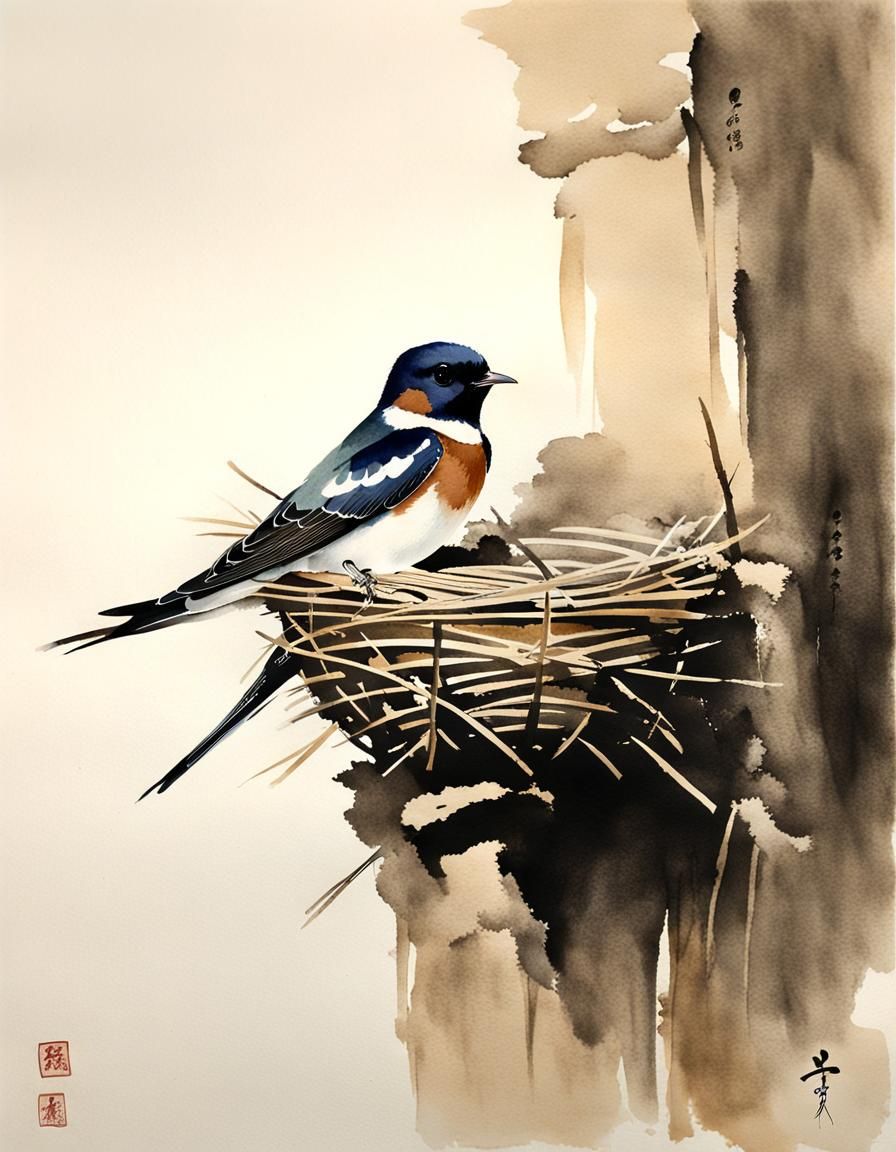 Barn Swallow's Nest: Sumi-e Ink Wash Painting
