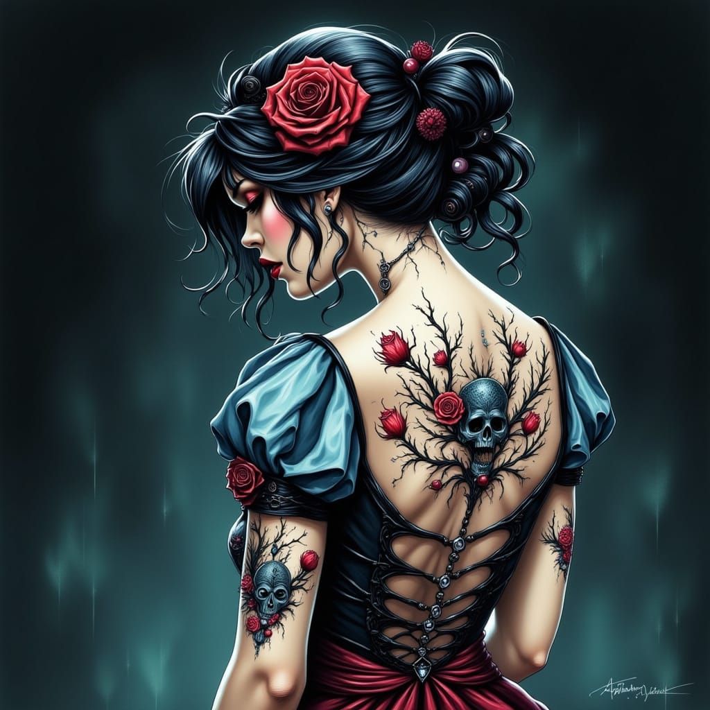 Goth Snow White with 7 Dwarves Tattoo in Disney Style