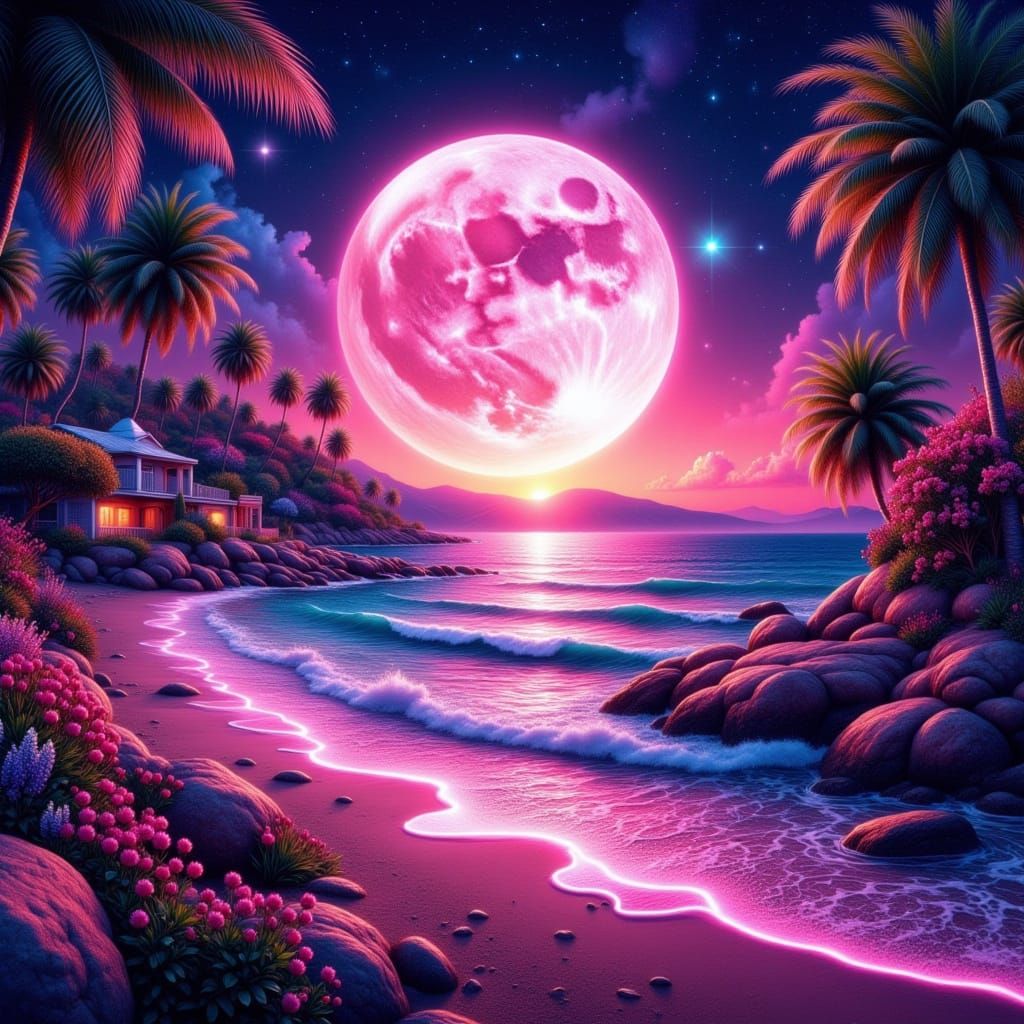 Pink Moon Over Mediterranean Beach in Colorful Oil Paint