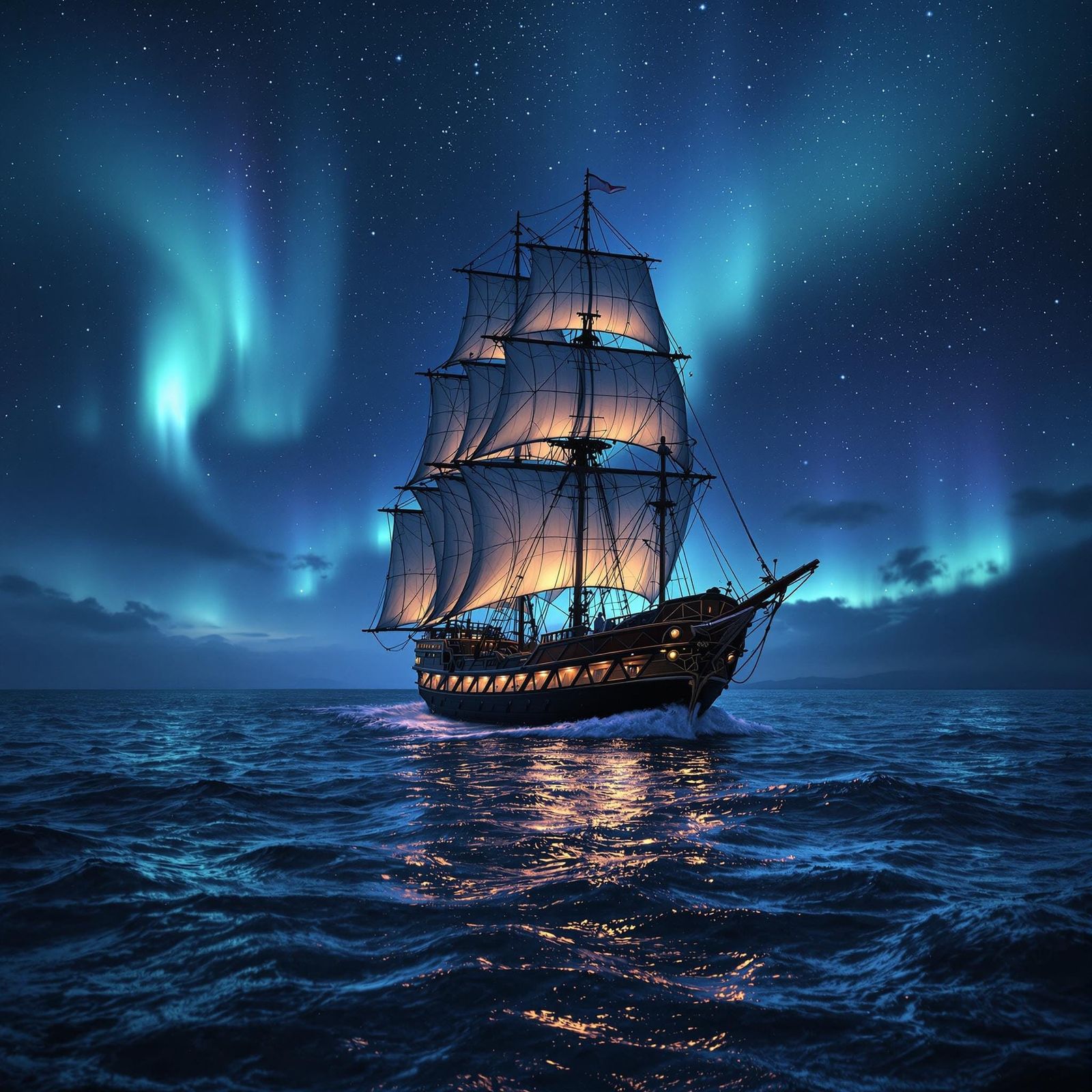 Lone Ship Sailing Under Northern Lights