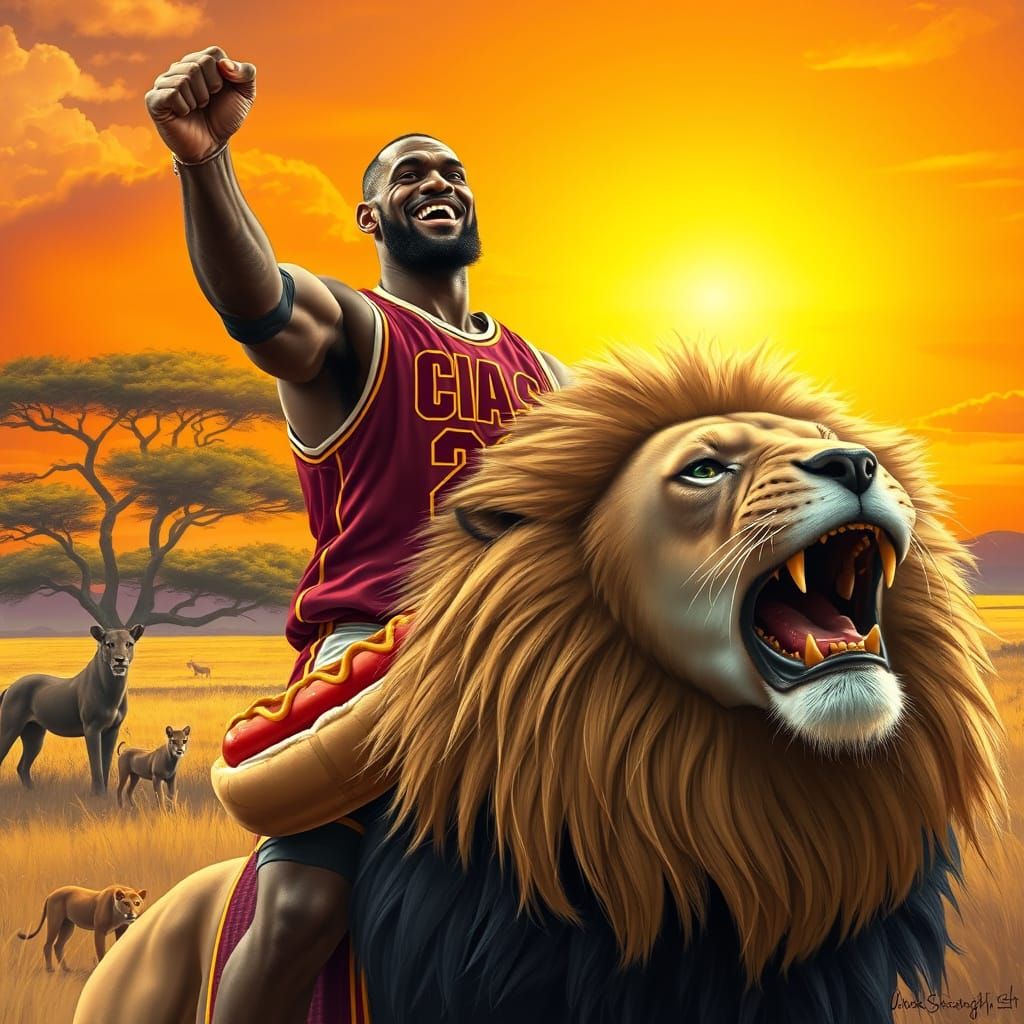 Lebron James Rides Lion Through Savannah Landscape