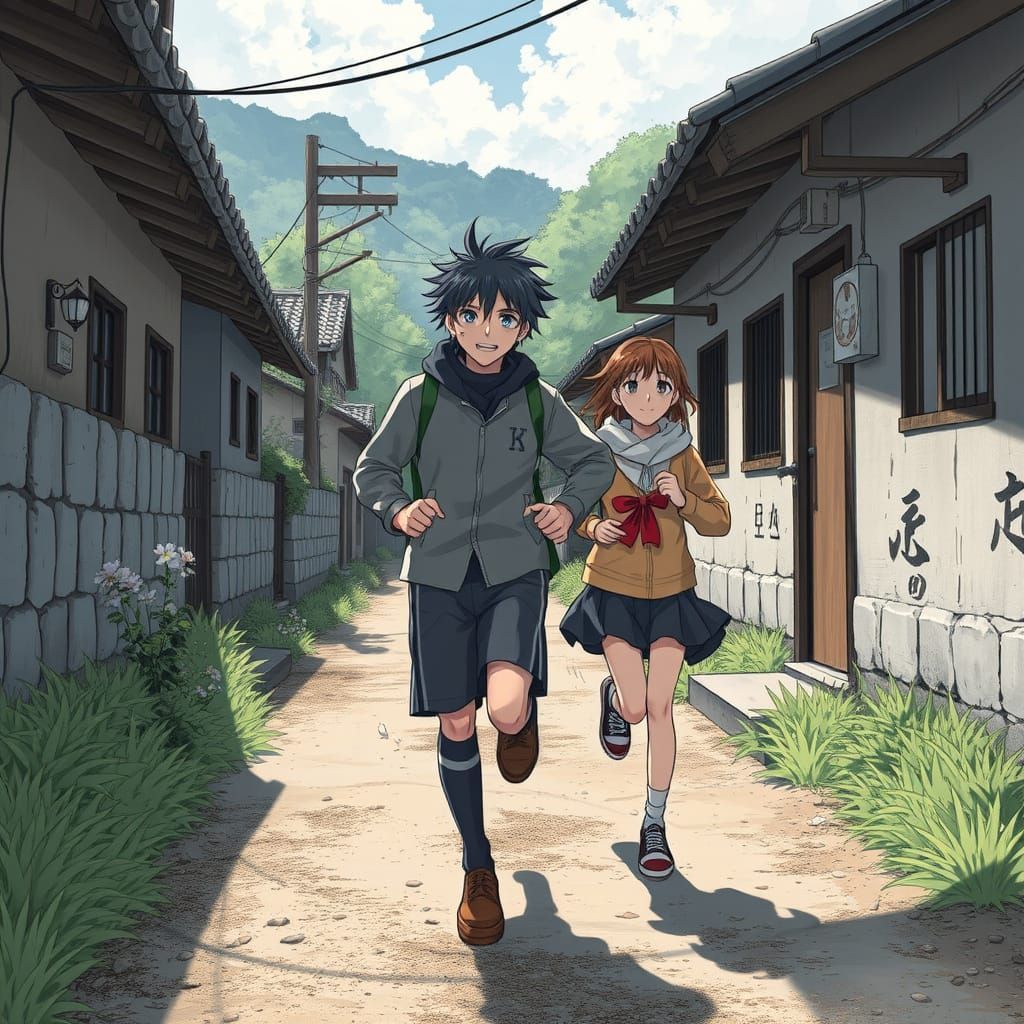 Youthful Village Run in Vibrant Manga Style