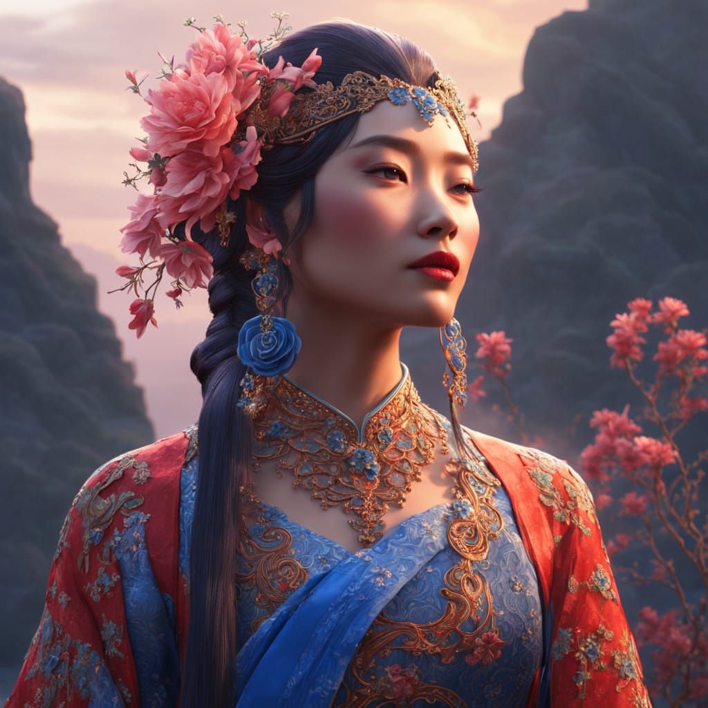 Majestic Oriental Goddess in Luxurious Blue Attire Under Daw...