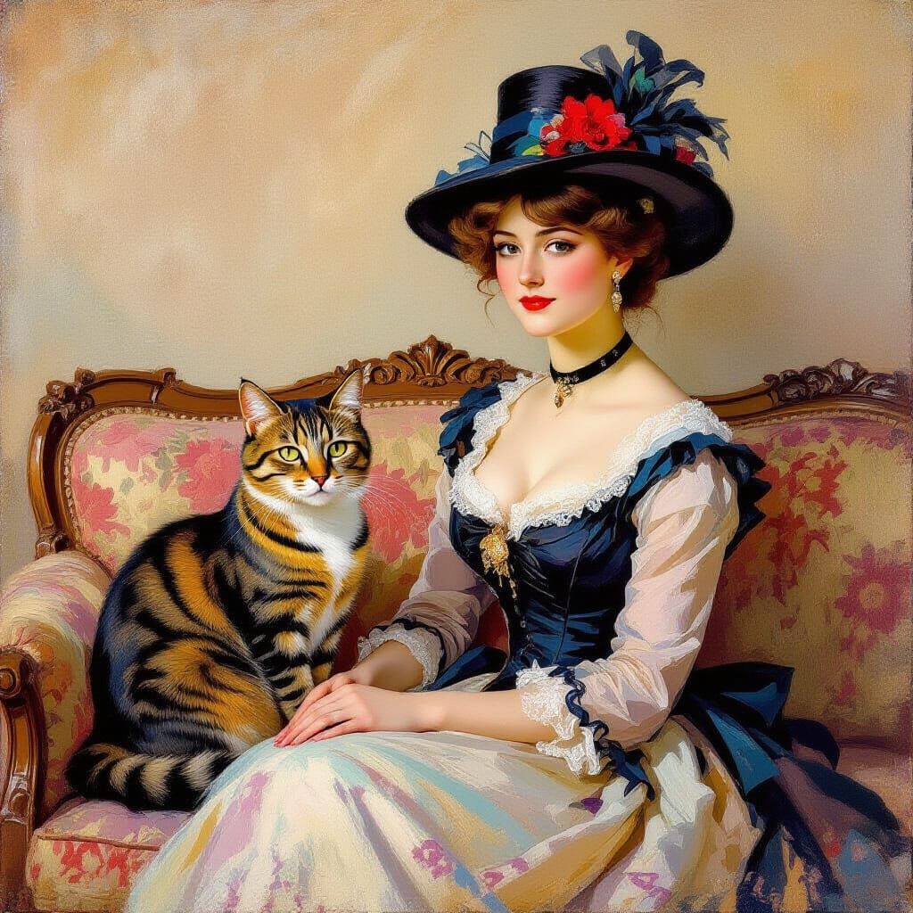 Impressionist Painting of Cat and Woman on Sofa