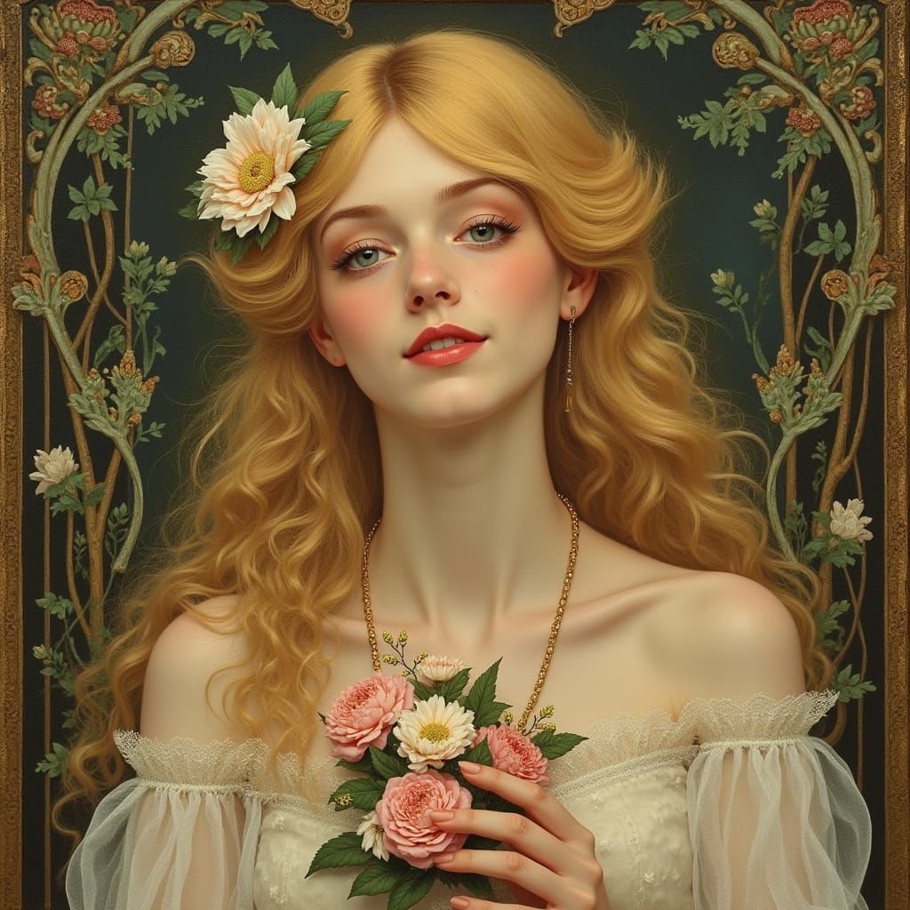 Elegant Woman with Lily of the Valley Bouquet in a Realistic...