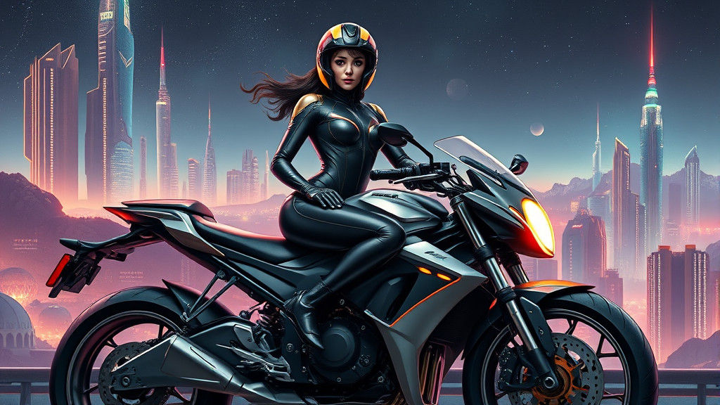 Futuristic Woman on Sci-Fi Motorcycle in Art Nouveau Style