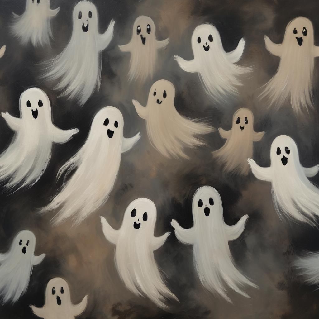 Minimalist Vintage Oil Painting of Fluttering Ghosts
