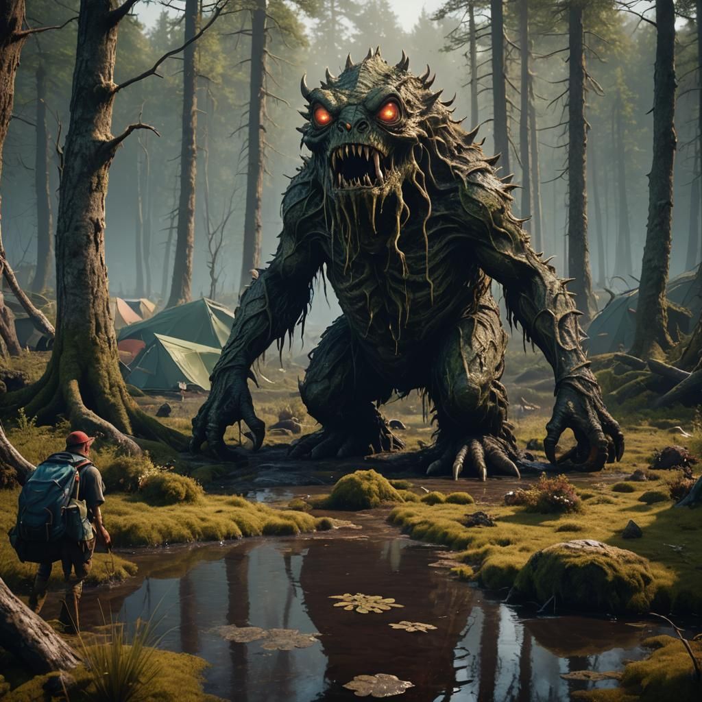 Scary Bog Monster Watching Campers, Detailed Matte Painting