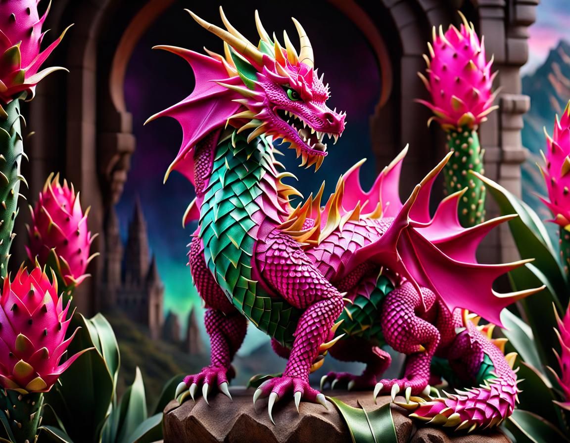 Dragonfruit Dragon in Fantasy Landscape, 3D Render
