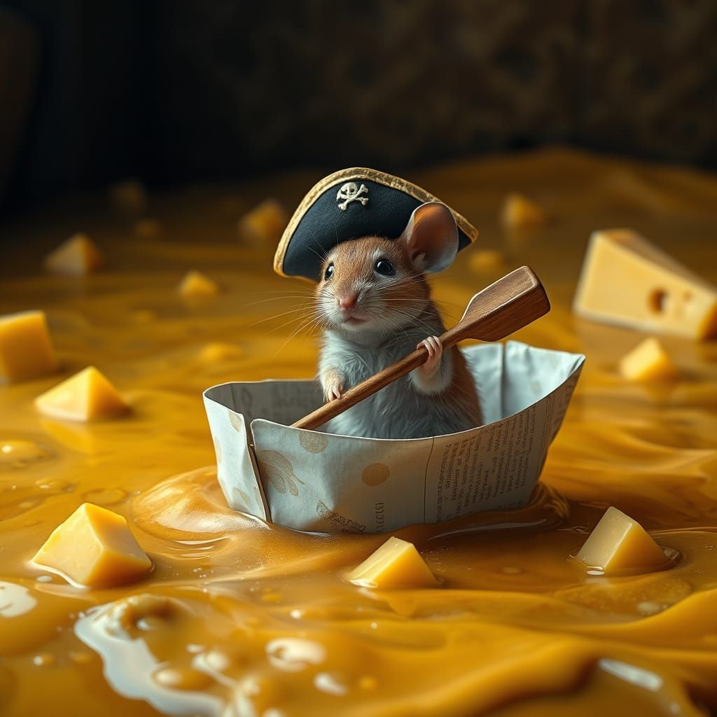 Mouse in Golden Cheese Sea, Hyperrealistic Pirate Scene
