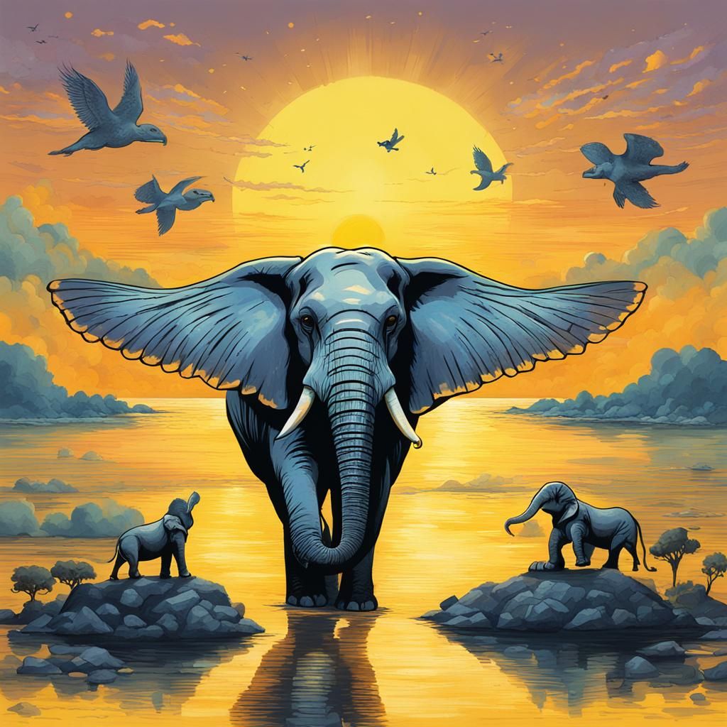 Winged Elephant with Turtle Shell at Sunset