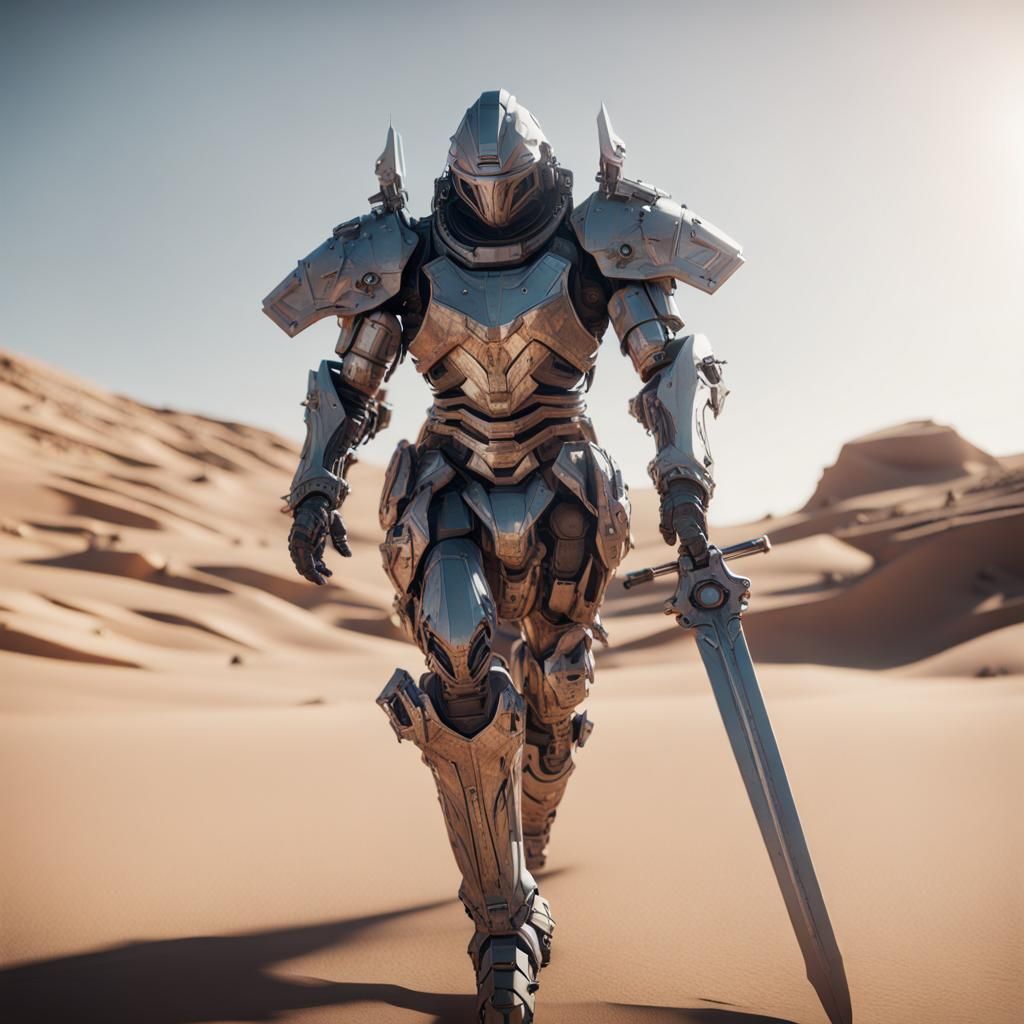 Armoured Soldier Marches Through Desert, Sci-Fi 3D Render