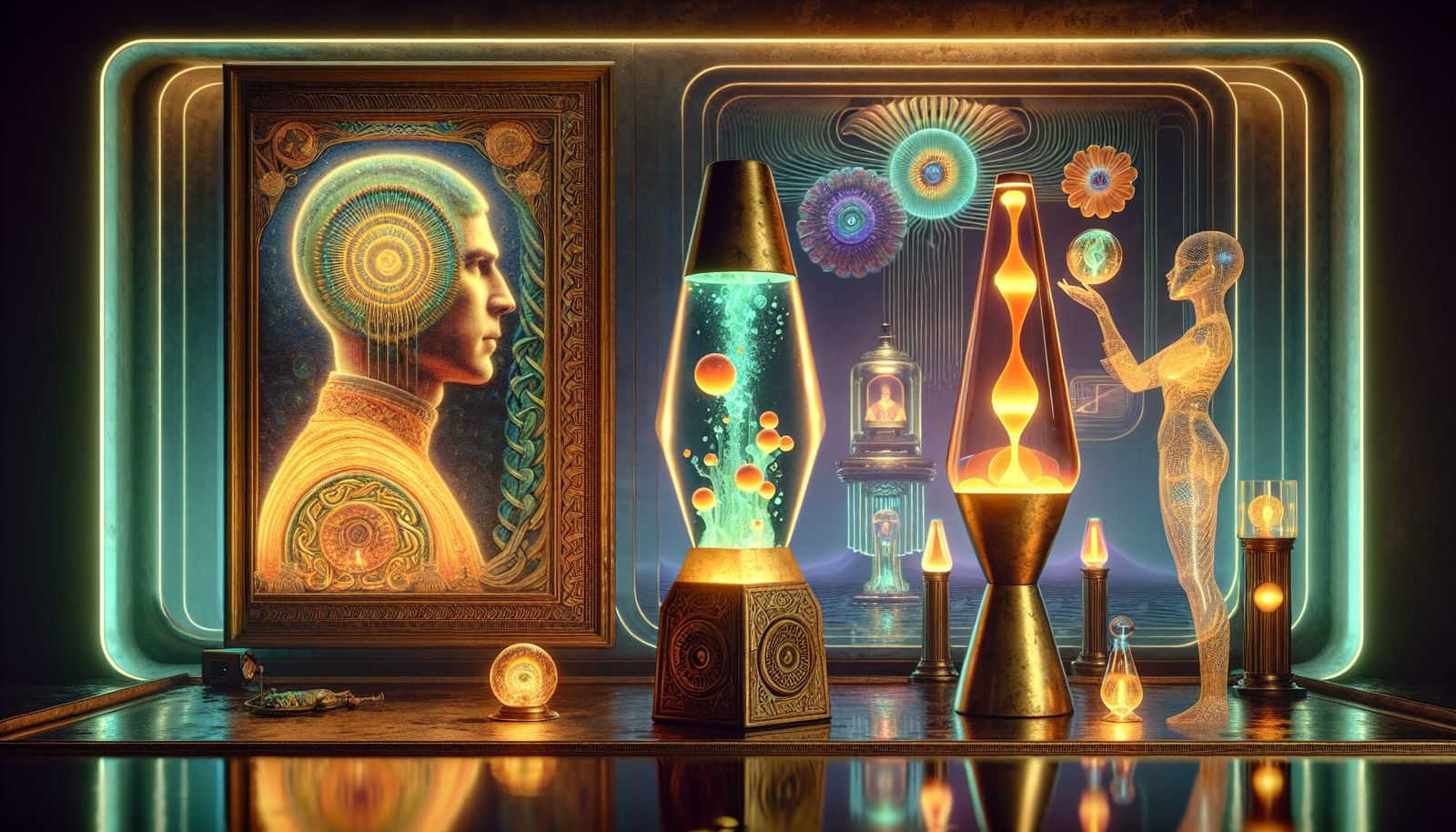 living man image in a framed painting and woman doll outside the painting kissing lava lamp lava lamp by glass artist "g...