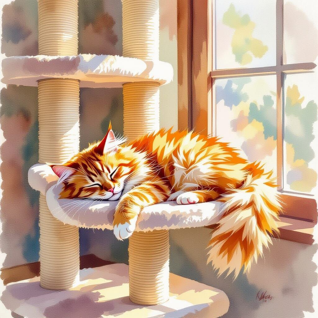 Fluffy Ginger Cat Sleeps Peacefully on Cat Tree in Watercolo...