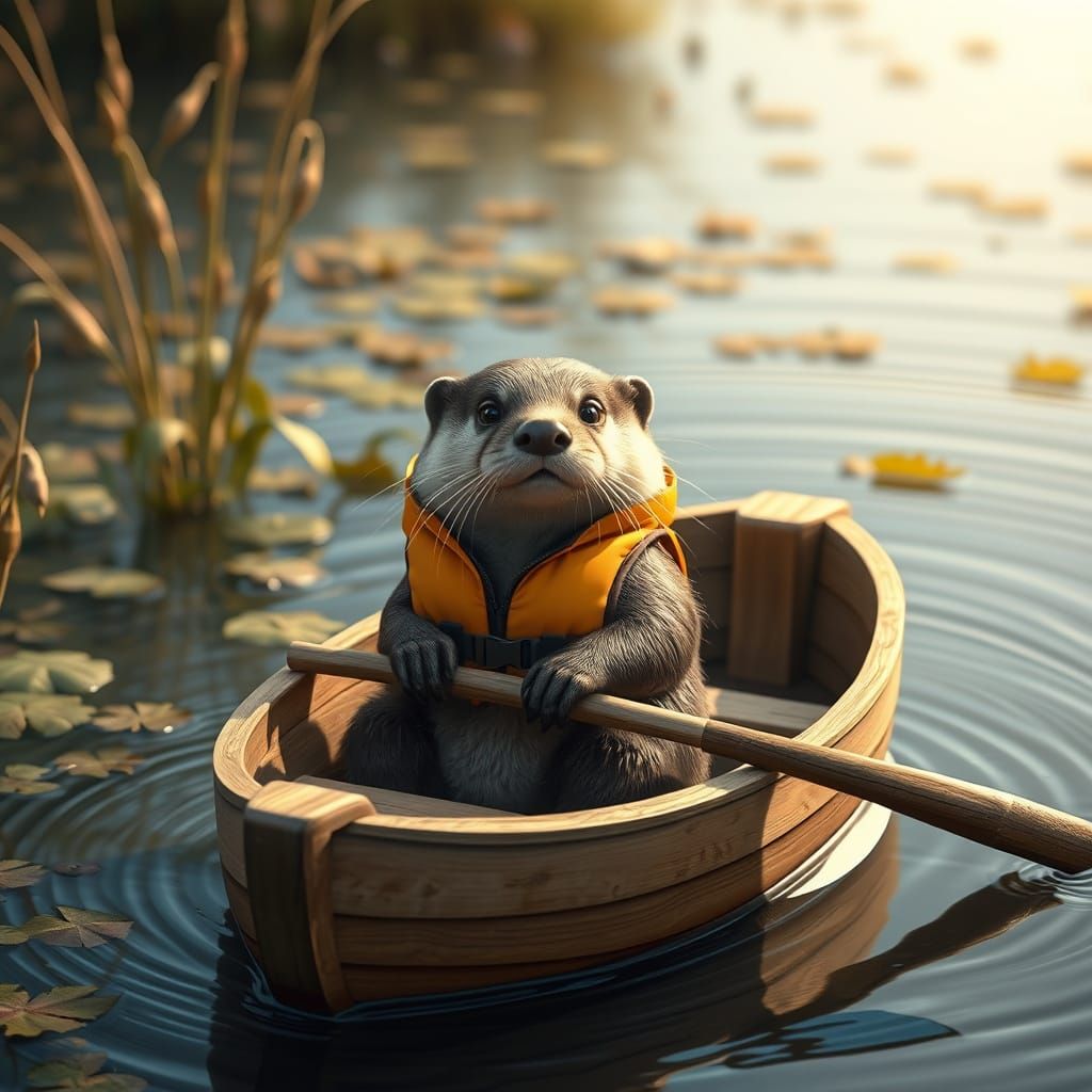 Cute Otter Rowing Boat in Hyperrealistic Style