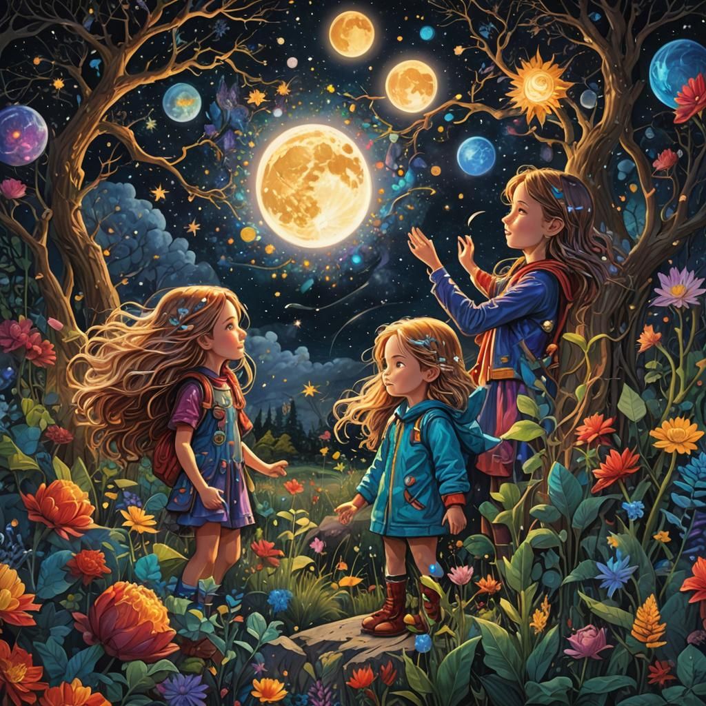 Children Watching Astral Lights: Cosmic Illustration