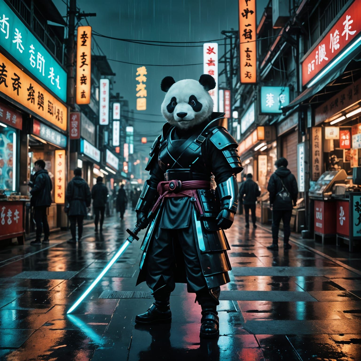 Cyberpunk Panda Samurai in Kabuki District