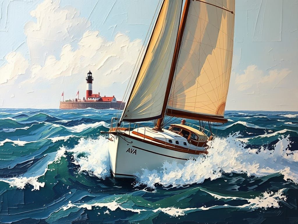 Sailing Boat AVA Navigates Choppy Seas Near Lighthouse